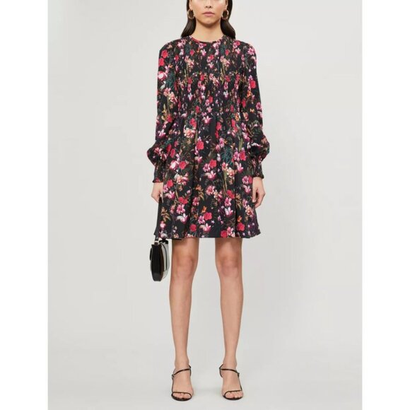 Ted Baker Aerrin Fern Forest Smocked Mini Dress Black TED 3/ US 8 - Picture 1 of 8